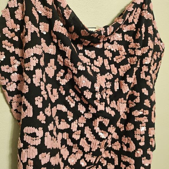 alice + olivia Black and Pink Harmon Cheetah Print Cami Tank Top Small Sequin - Picture 2 of 7